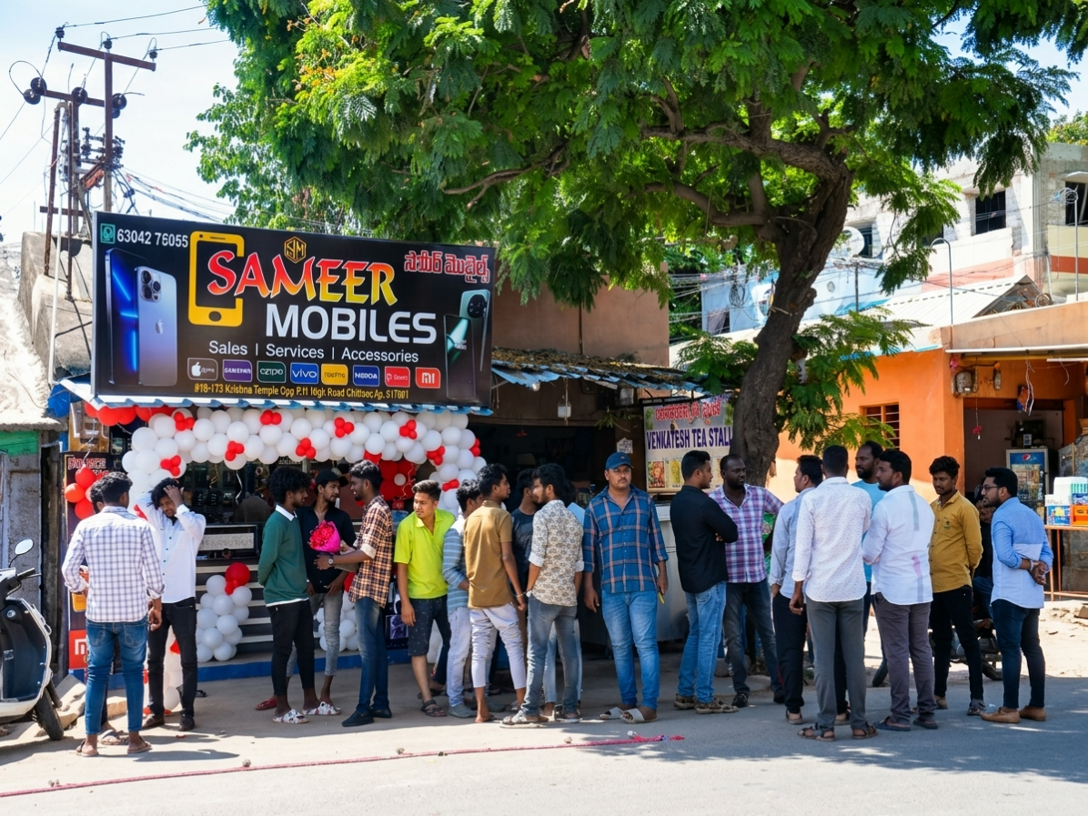 Sameer Mobiles mobile repair shop with customers in Chittoor