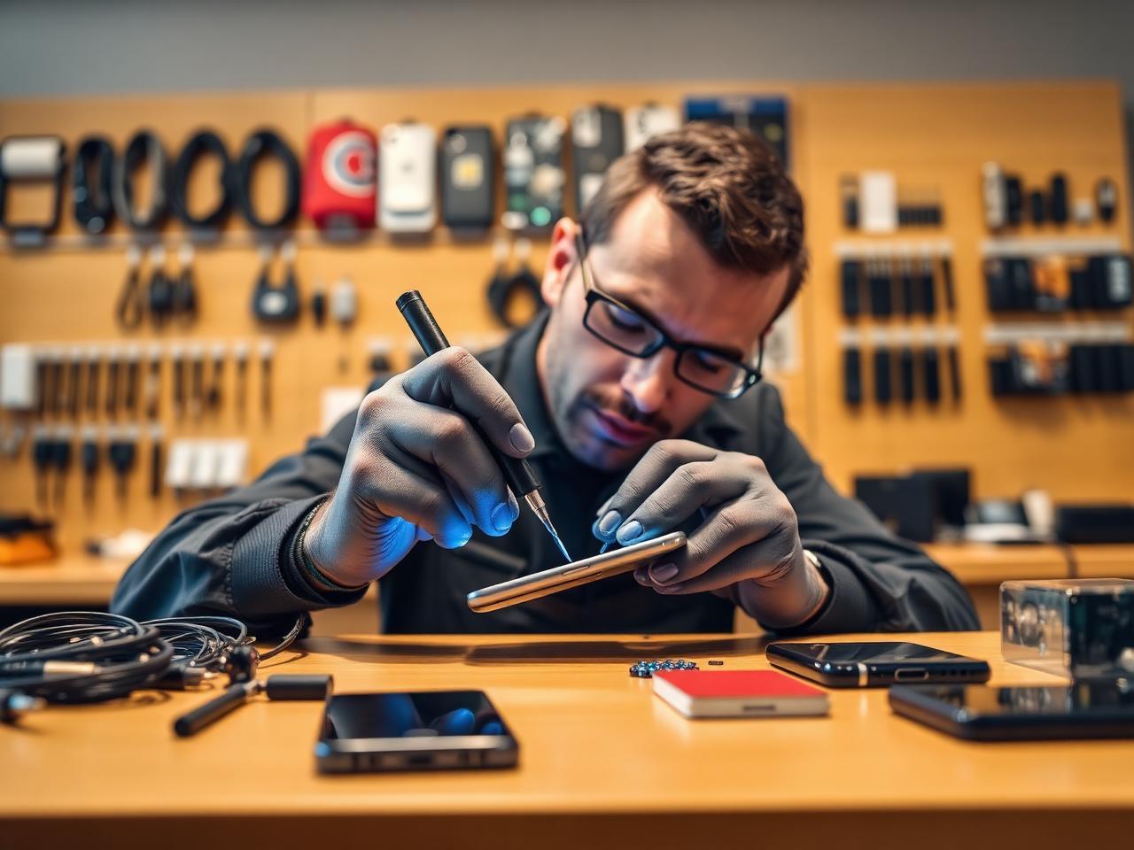 Mobile repair technician at Sameer Mobiles in Chittoor working on a smartphone